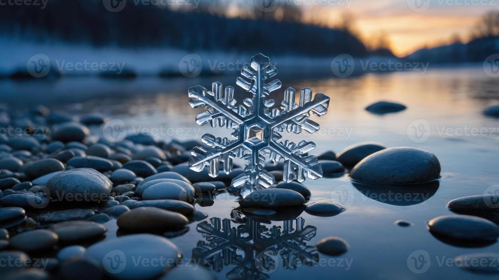 A snowflake rests on stones by a serene river at sunset, reflecting in the water. photo