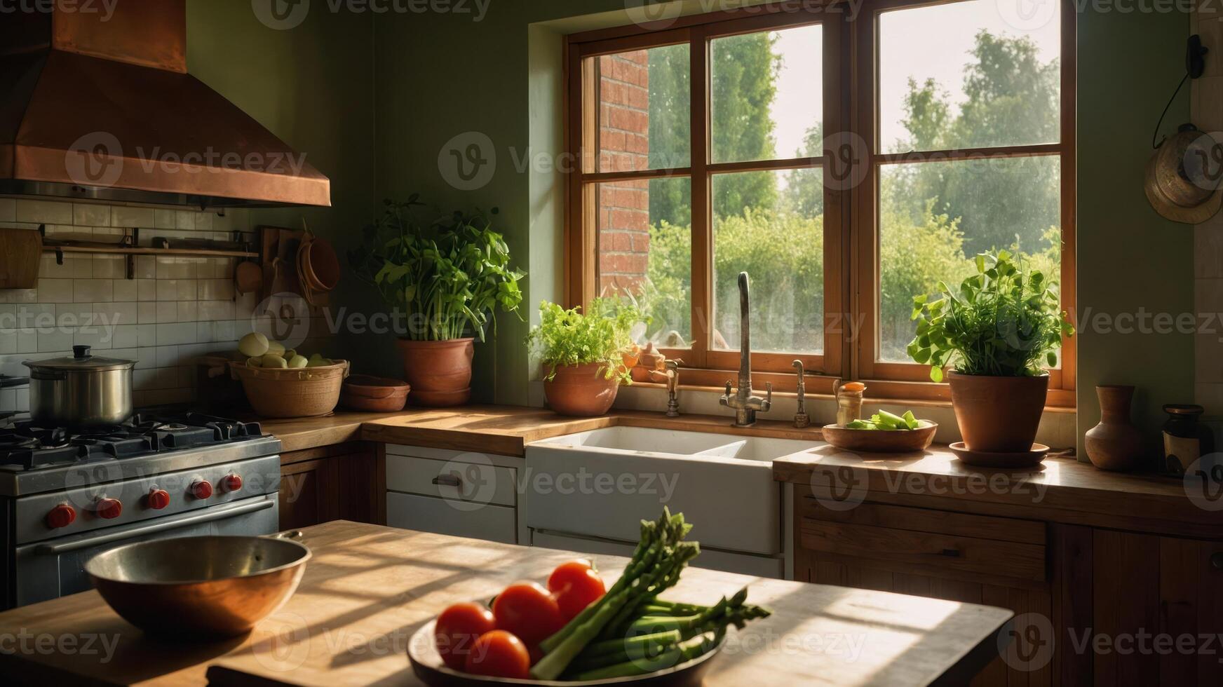 A cozy kitchen filled with fresh vegetables and herbs, illuminated by natural light. photo