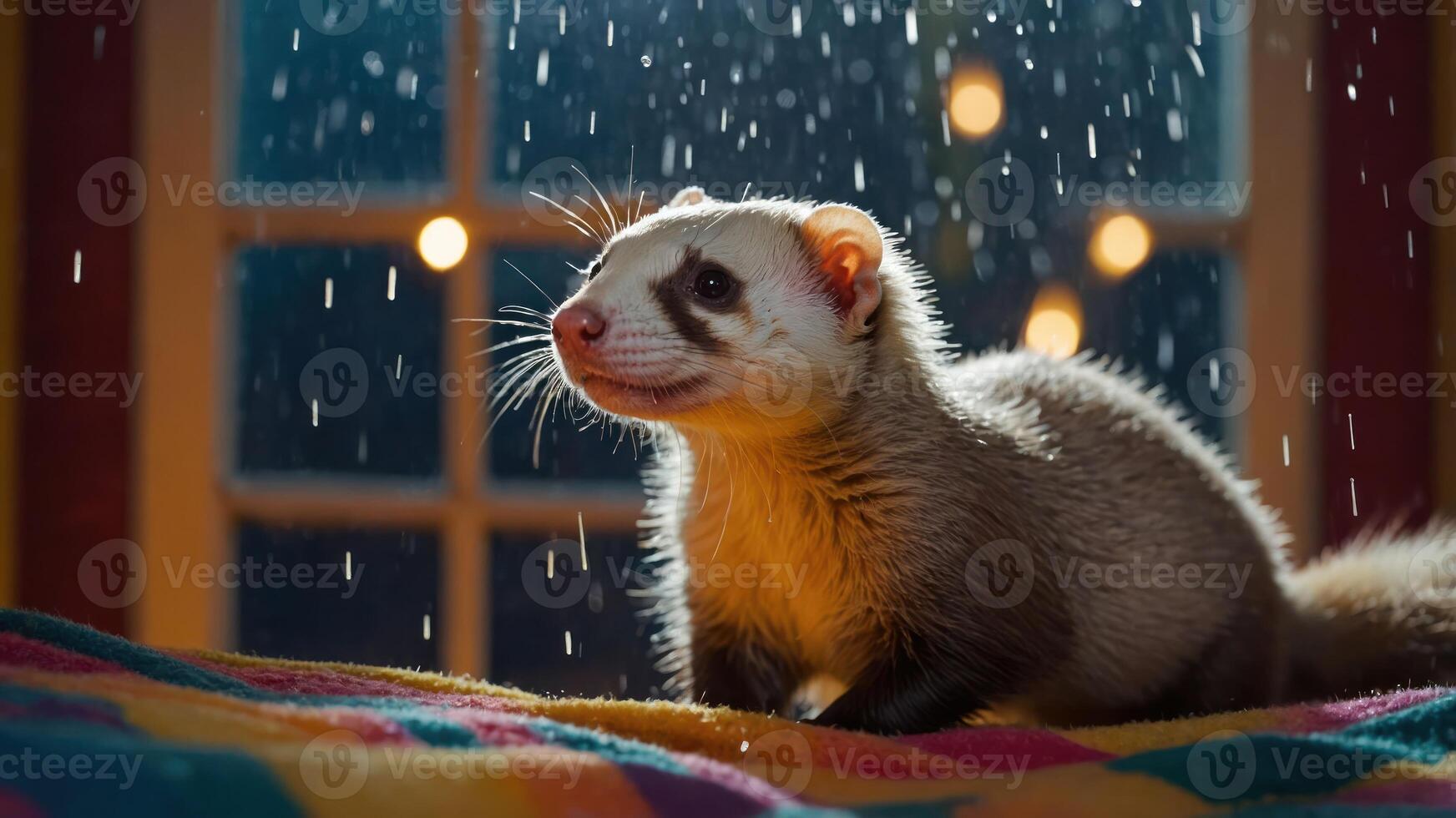 A ferret in a cozy setting, illuminated by soft light and rain, creating a warm atmosphere. photo
