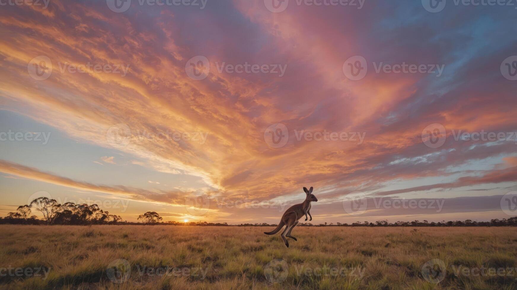 A kangaroo leaps across a grassy field under a vibrant sunset sky. photo