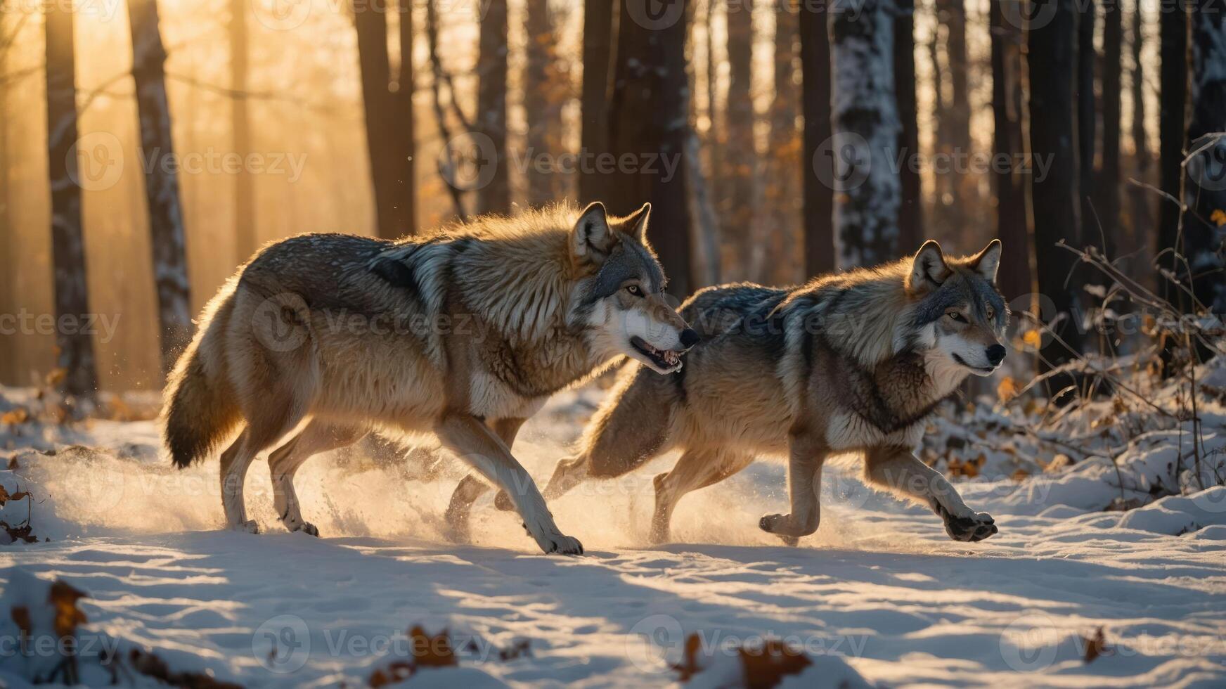 Two wolves walking through a snowy forest at sunset, showcasing nature's beauty. photo