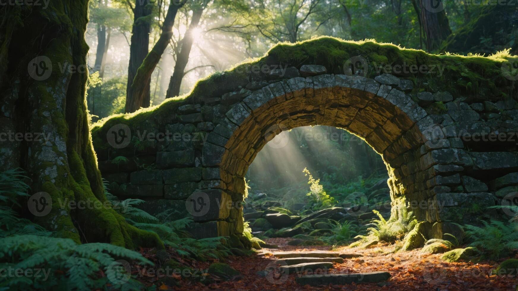 A serene stone archway in a lush forest illuminated by soft sunlight. photo
