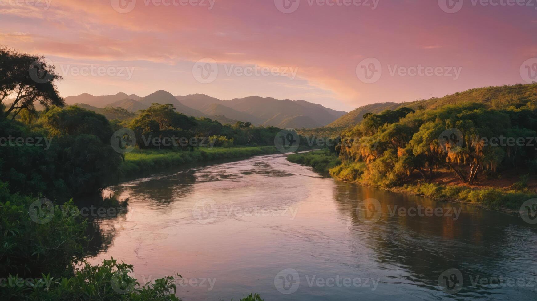 Serene river landscape at sunset, reflecting vibrant colors and surrounded by lush greenery. photo