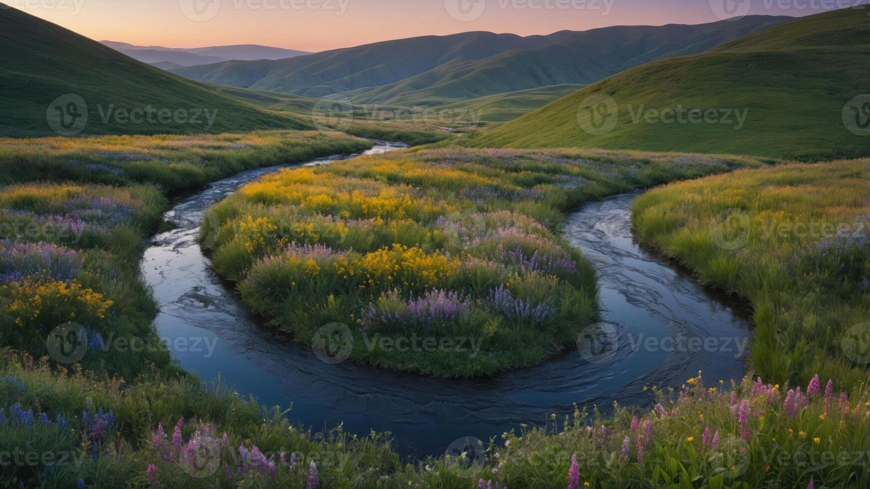 Serene landscape with a winding river surrounded by vibrant wildflowers and rolling hills. photo