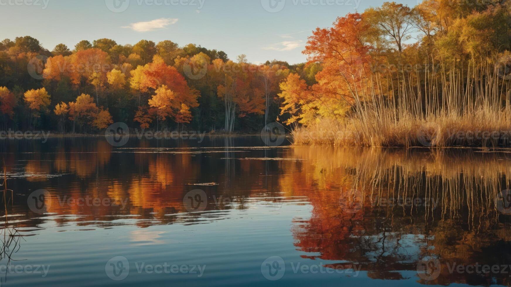 A serene autumn landscape reflecting colorful trees in calm water. photo