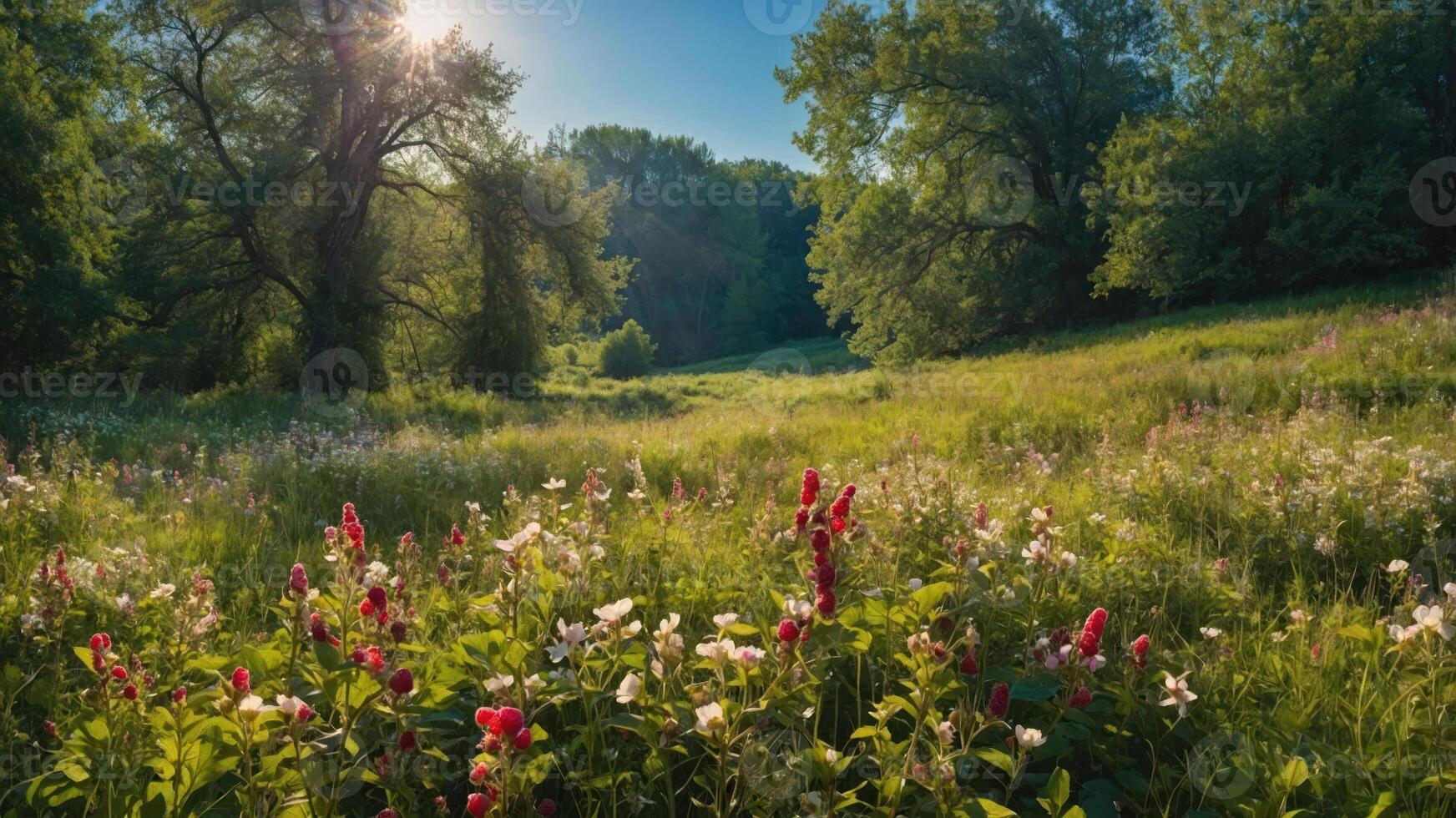 A serene meadow filled with vibrant wildflowers under a bright sun. photo