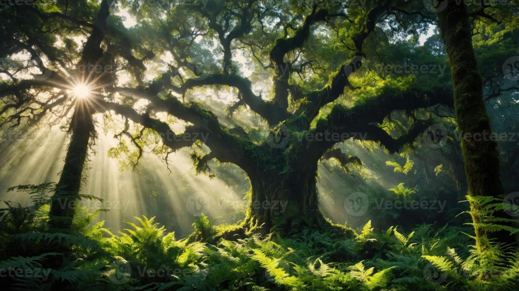 A majestic tree stands in a sunlit forest, surrounded by ferns and shafts of light. photo