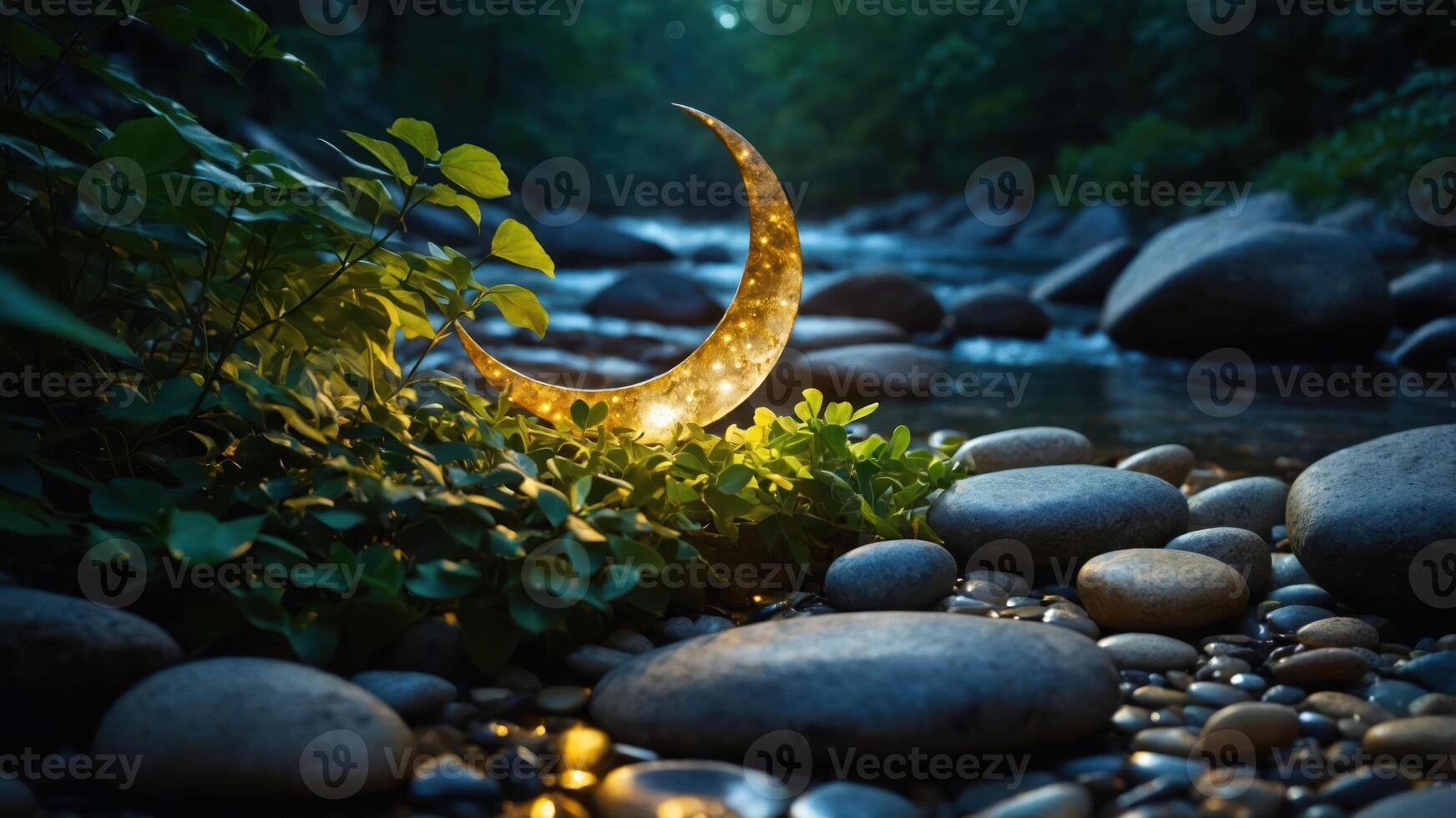 A glowing crescent moon lantern rests among smooth stones by a serene stream. photo