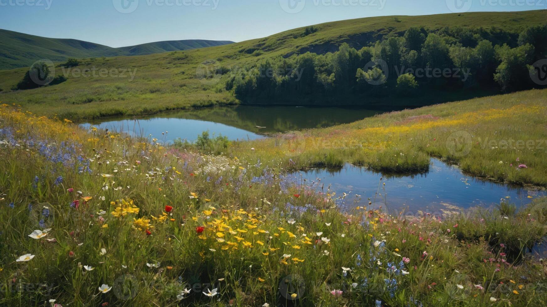 A serene landscape featuring a pond surrounded by vibrant wildflowers and rolling hills. photo