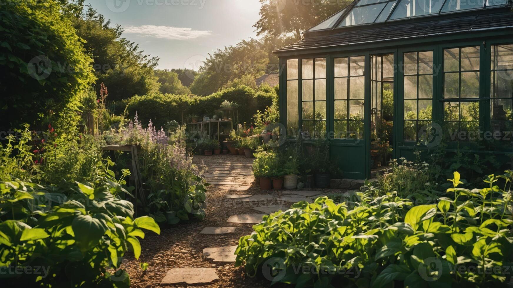 A serene garden scene featuring a greenhouse surrounded by lush greenery and vibrant plants. photo