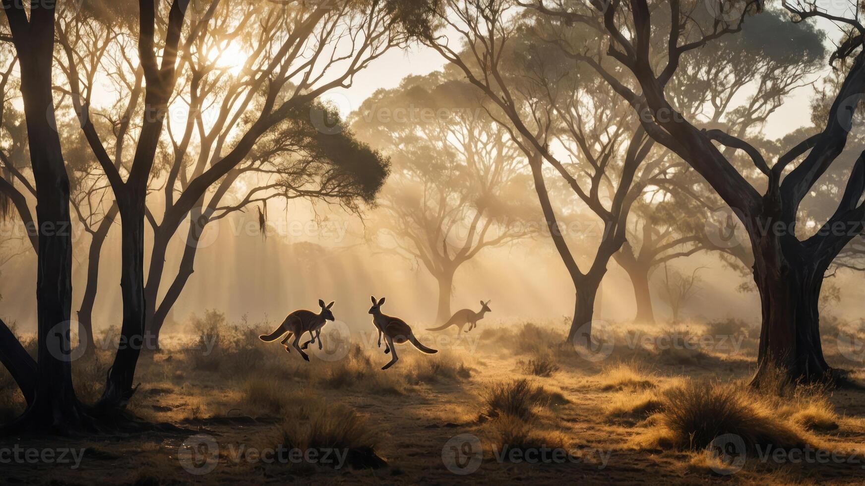 Kangaroos leaping through a misty forest at sunrise, showcasing natural beauty. photo