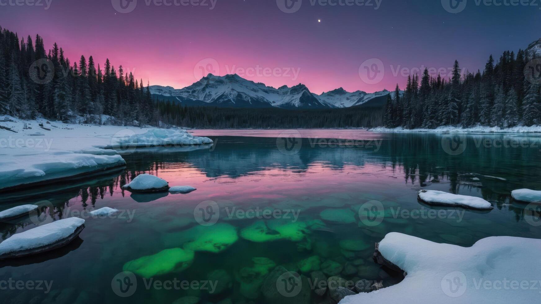 A serene winter landscape featuring a colorful sunset over a frozen lake and mountains. photo