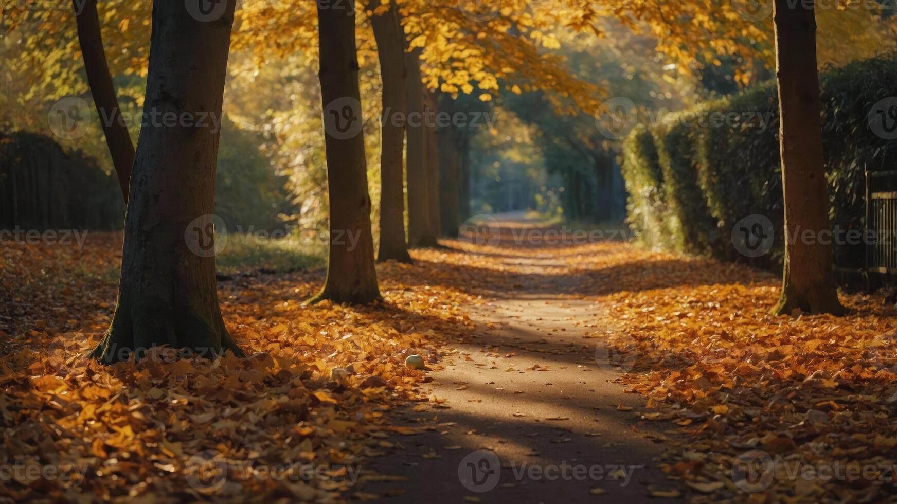 A serene autumn pathway lined with trees and fallen leaves, inviting a peaceful stroll. photo