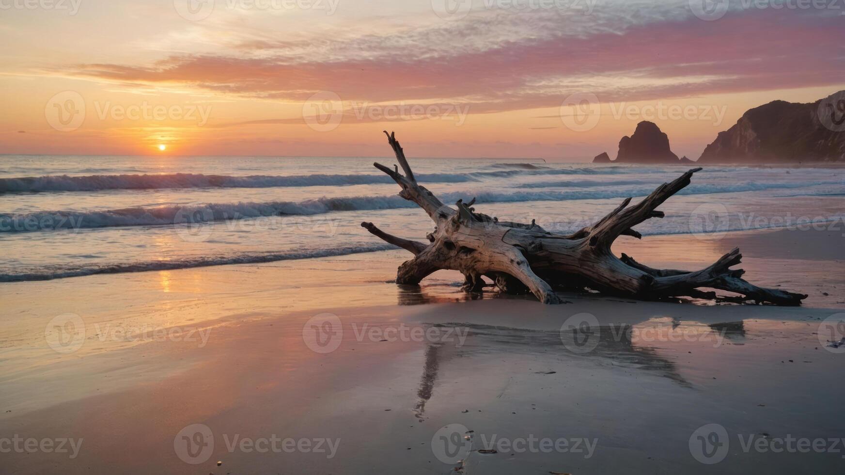 A serene beach scene at sunset featuring a driftwood log reflecting in the water. photo