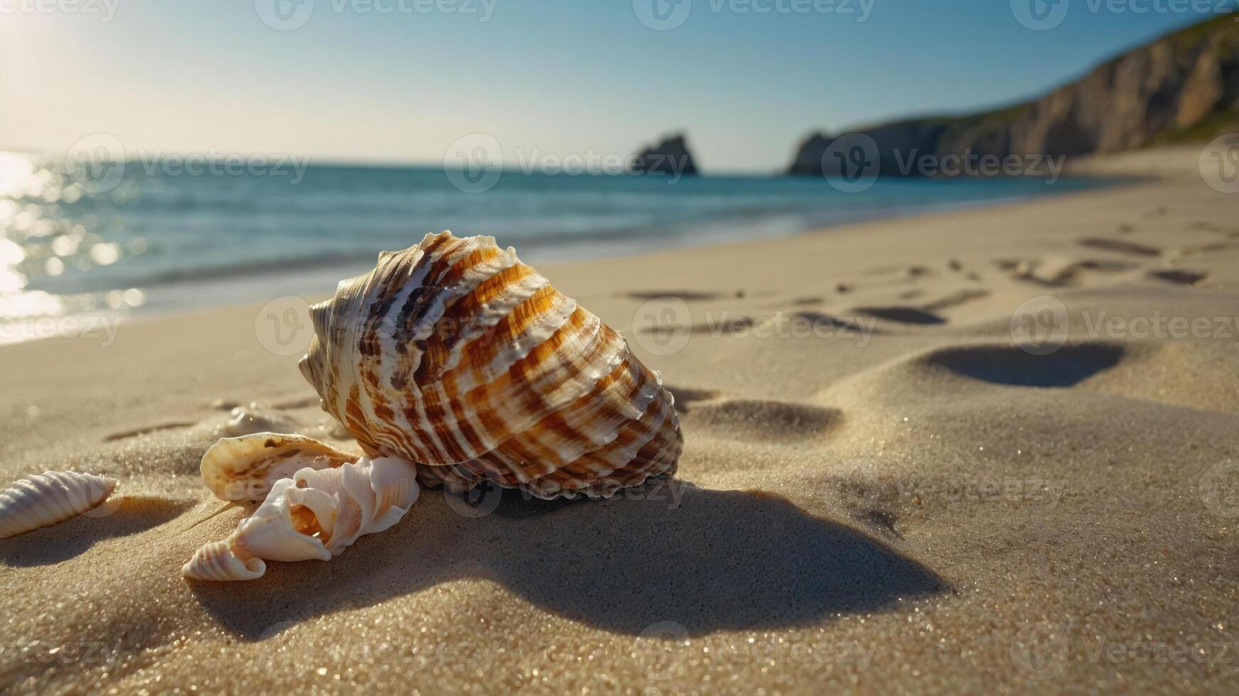 A close-up of seashells on a sandy beach with a serene ocean backdrop. photo