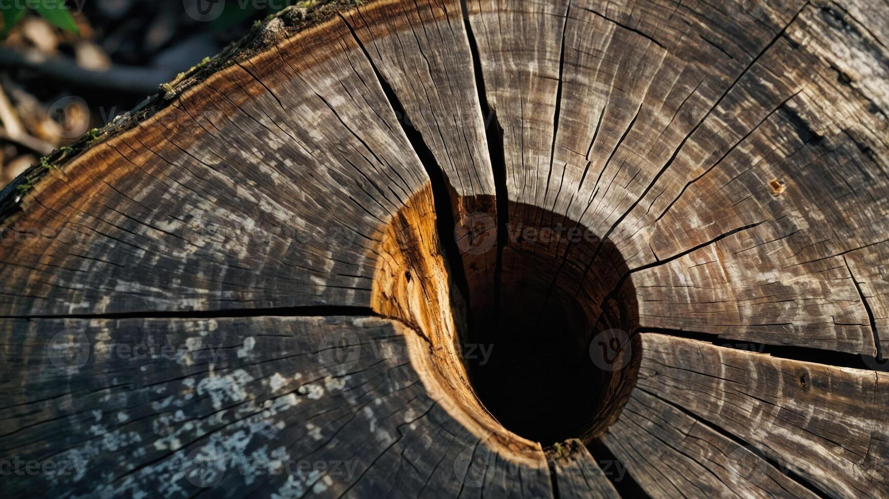 Close-up of a tree stump showing growth rings and a hollow center. photo