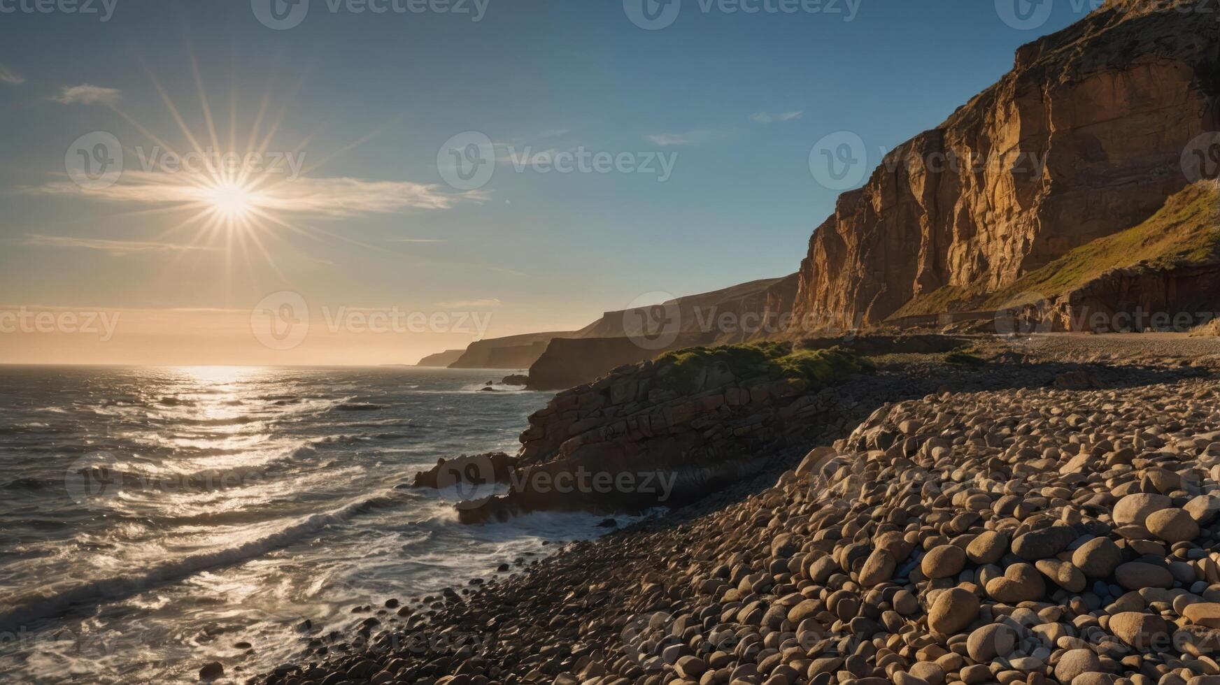 Scenic coastal view with cliffs and sun reflecting on the ocean waves at sunset. photo