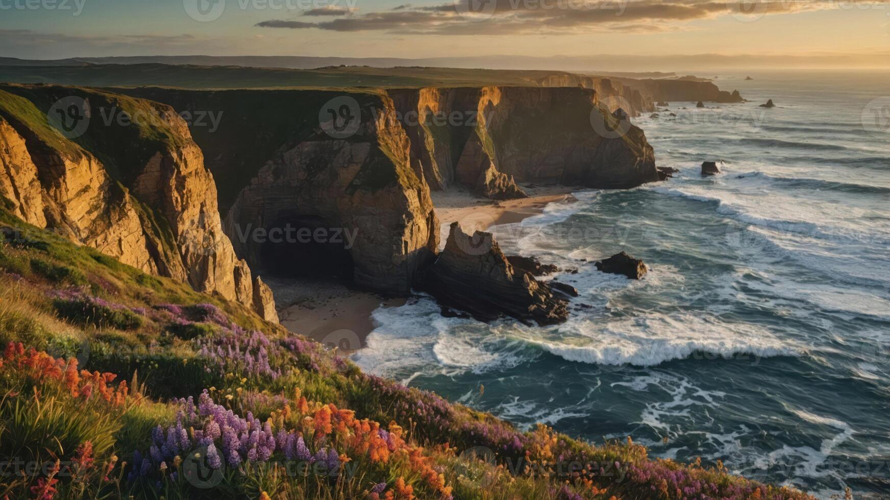 A scenic view of cliffs and ocean waves adorned with blooming flowers at sunset. photo