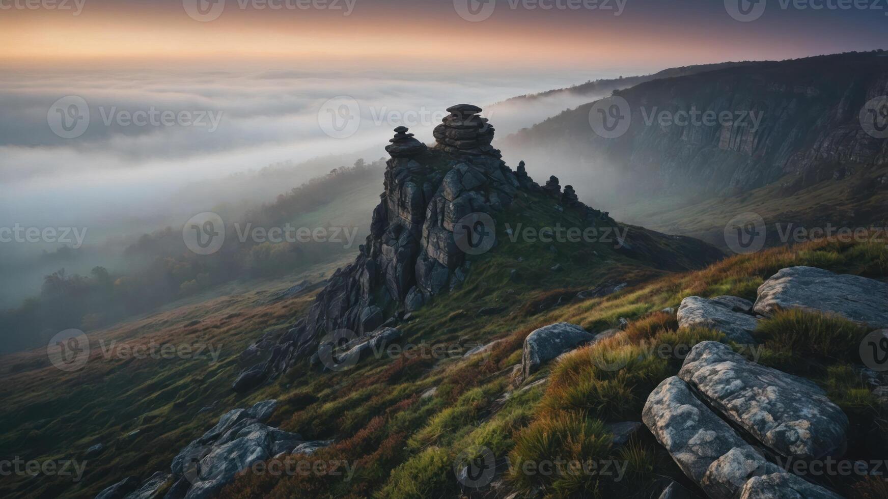 A serene landscape featuring a rocky outcrop amidst misty hills at sunrise. photo