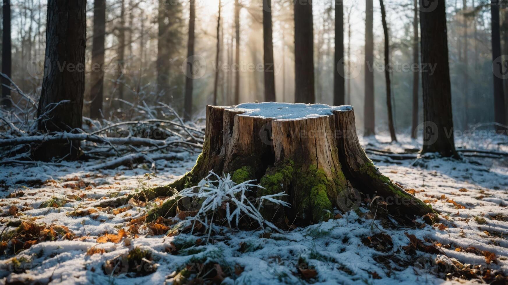 A serene forest scene featuring a moss-covered tree stump surrounded by snow and sunlight. photo