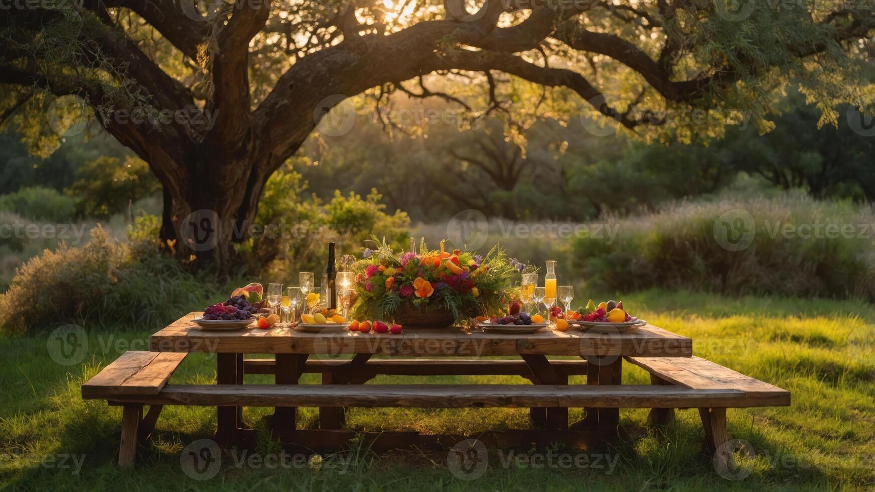 A beautifully arranged picnic table under a tree, set for a gathering with flowers and fruits. photo