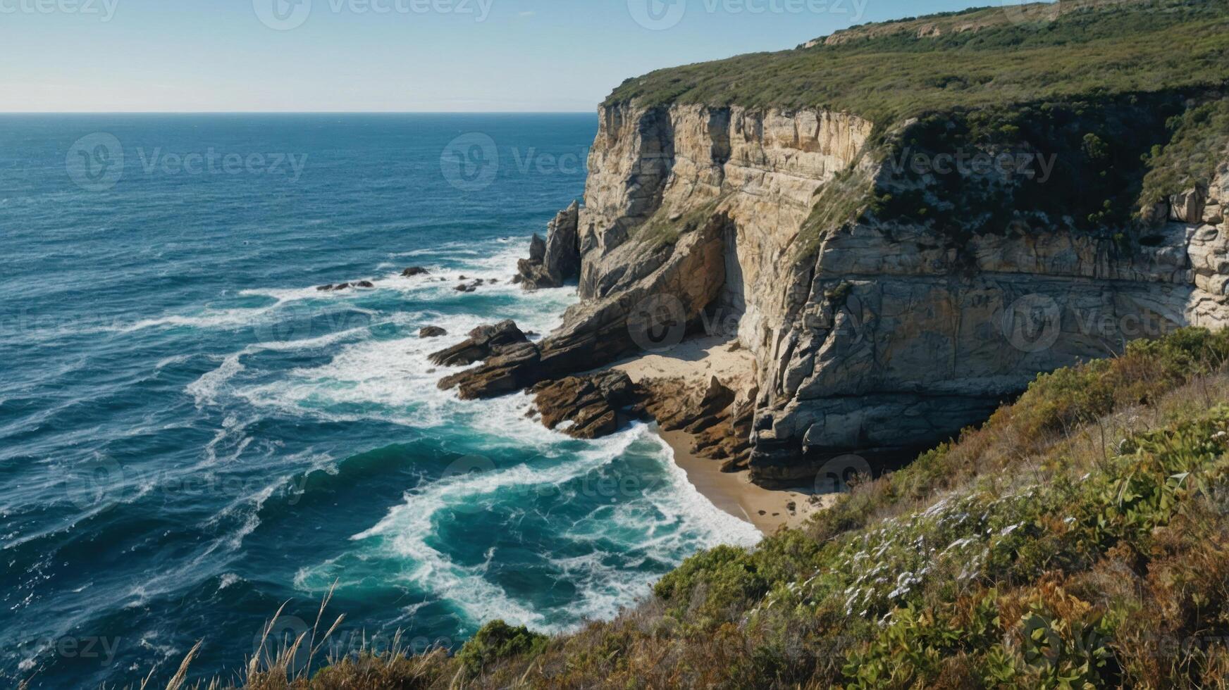 Scenic coastal view with cliffs, waves, and a secluded beach. photo