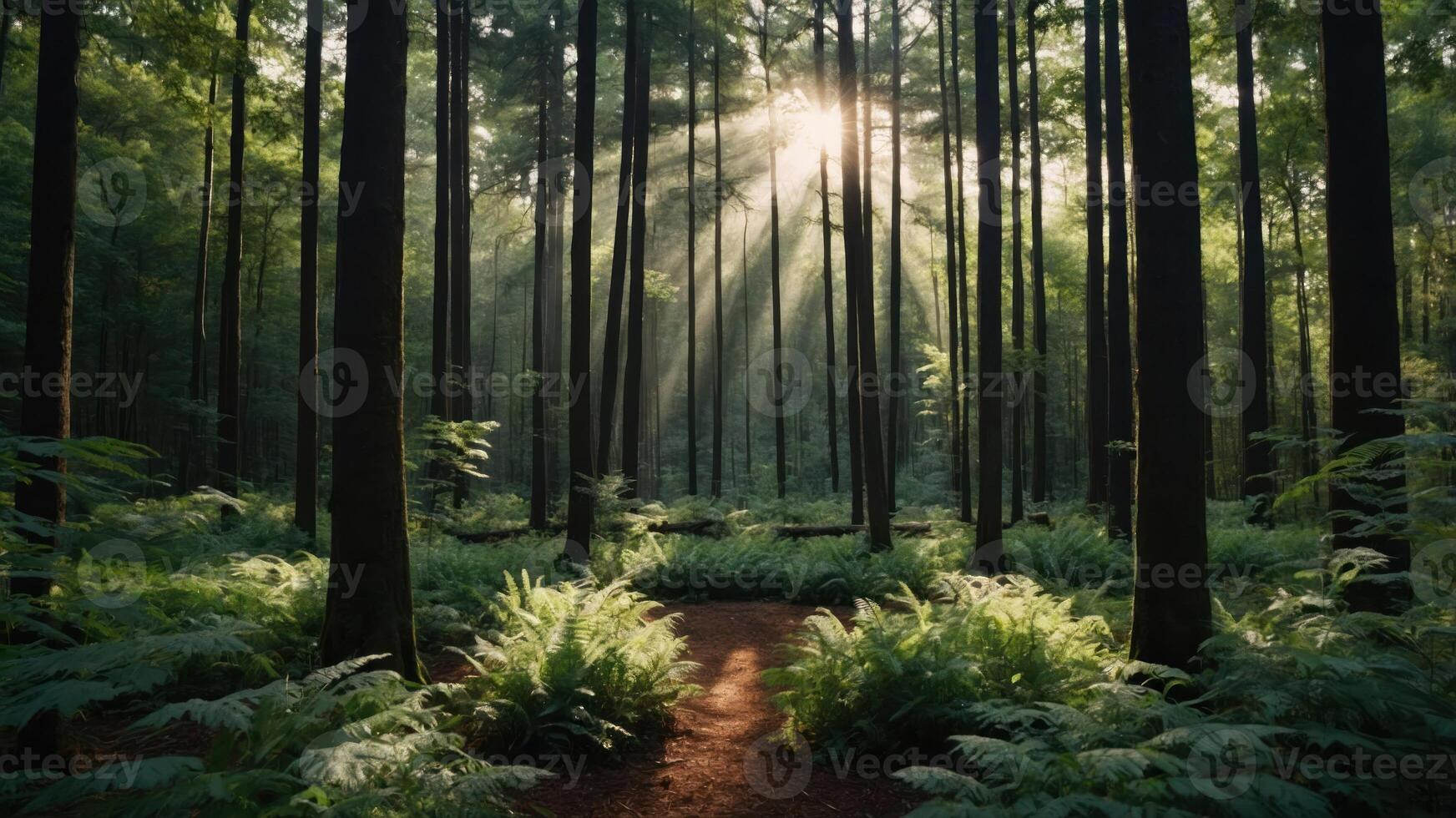 A serene forest scene with sunlight streaming through tall trees and lush ferns. photo
