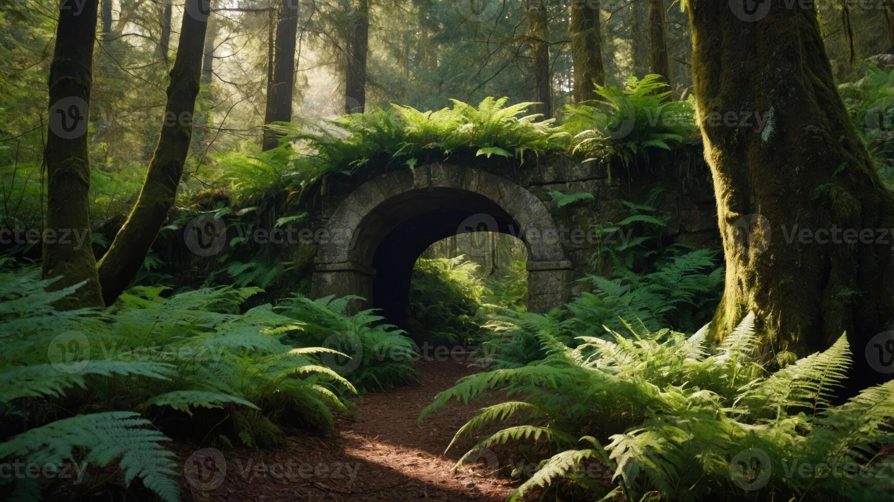 A serene forest scene featuring a stone archway surrounded by lush ferns and trees. photo