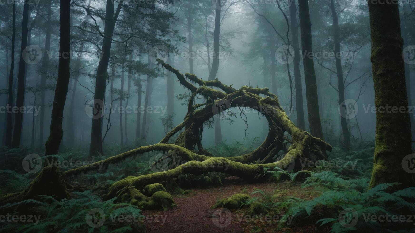 A mystical forest scene featuring a moss-covered archway formed by twisted branches. photo