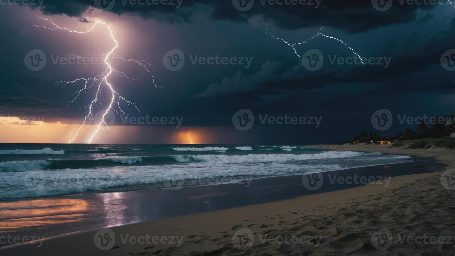 A dramatic beach scene with lightning striking over dark storm clouds and ocean waves. photo