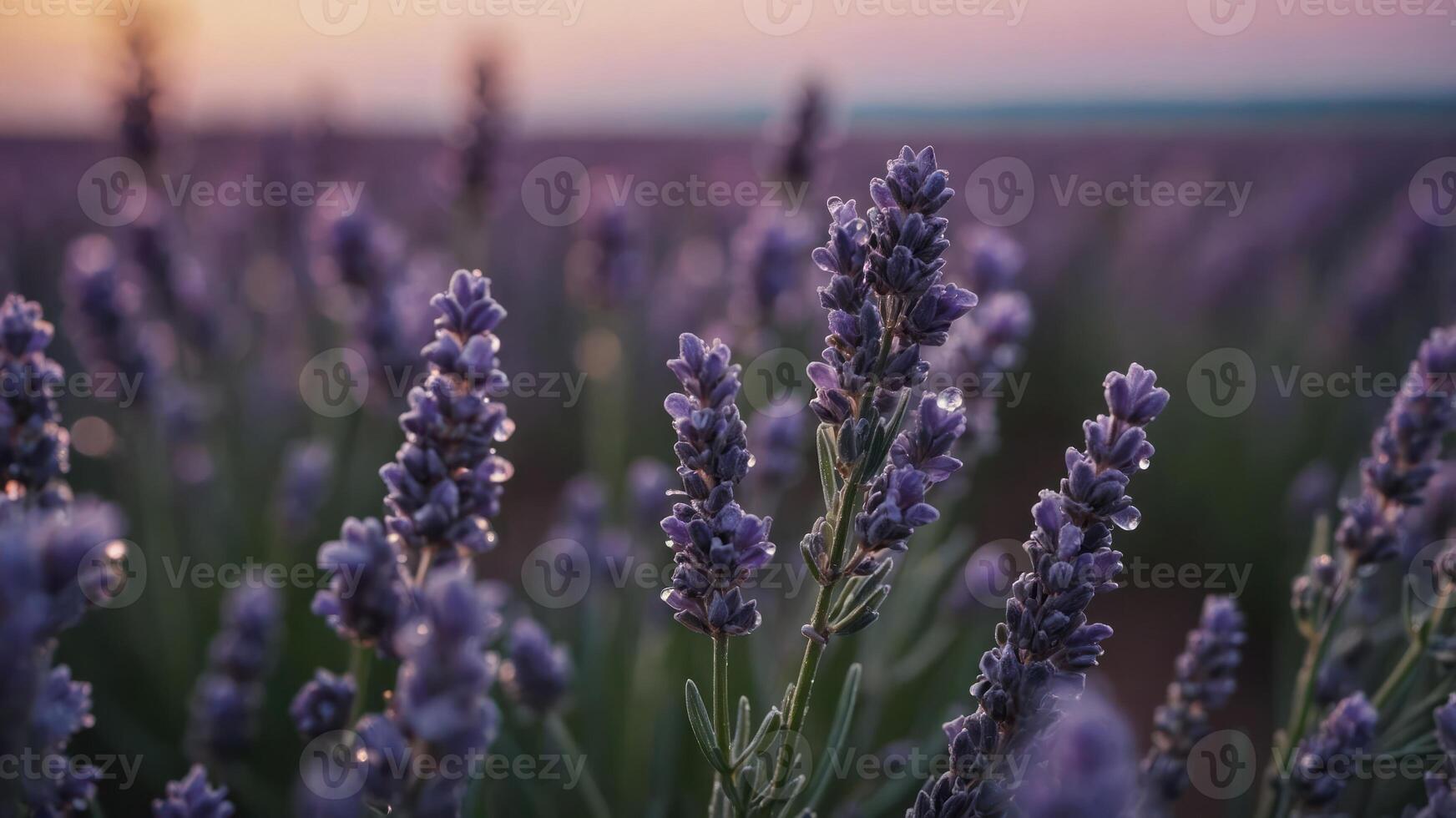 A close-up view of lavender flowers with dew drops in a field during sunset. photo
