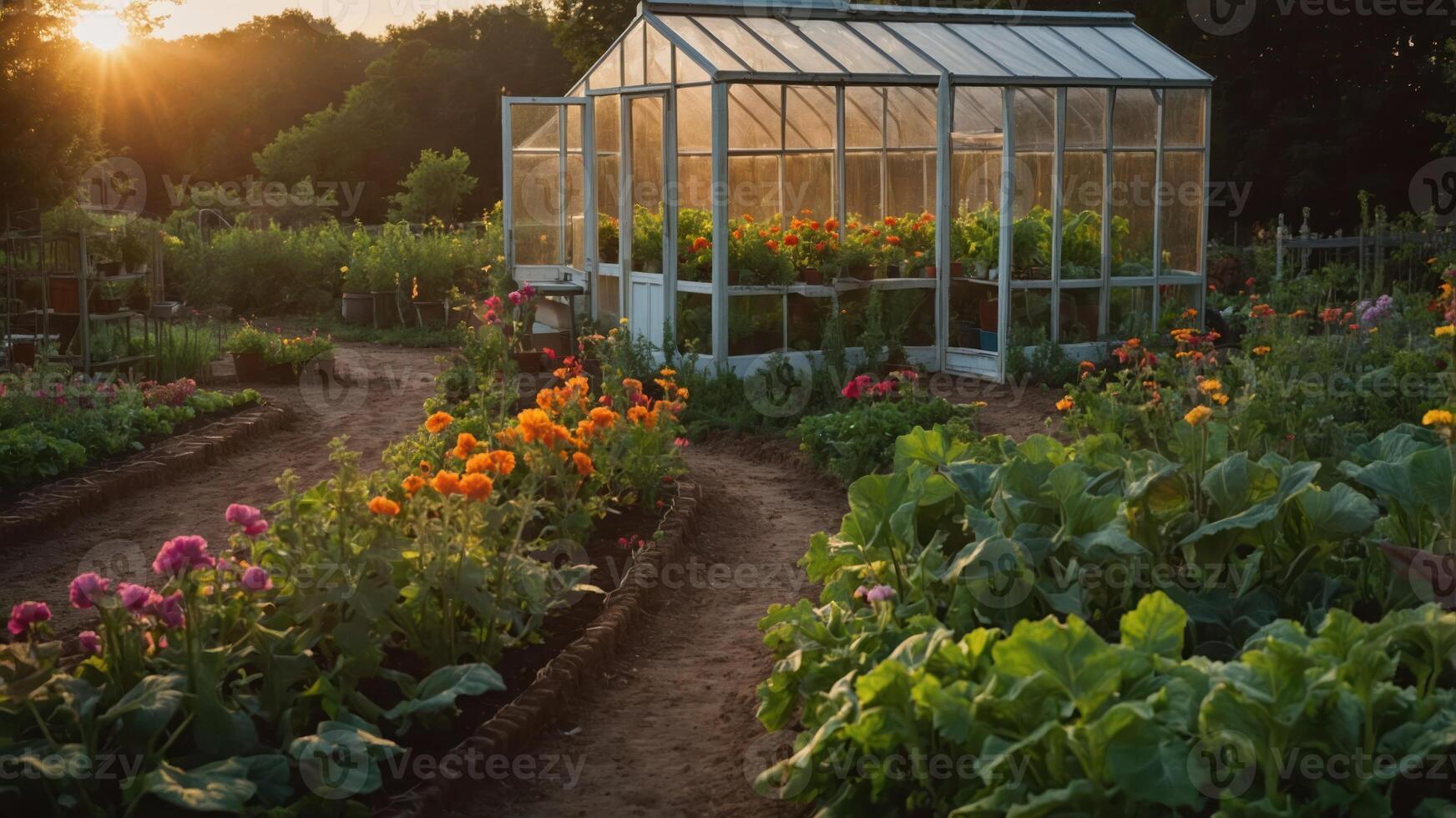 A serene greenhouse surrounded by vibrant flowers and lush vegetables at sunset. photo