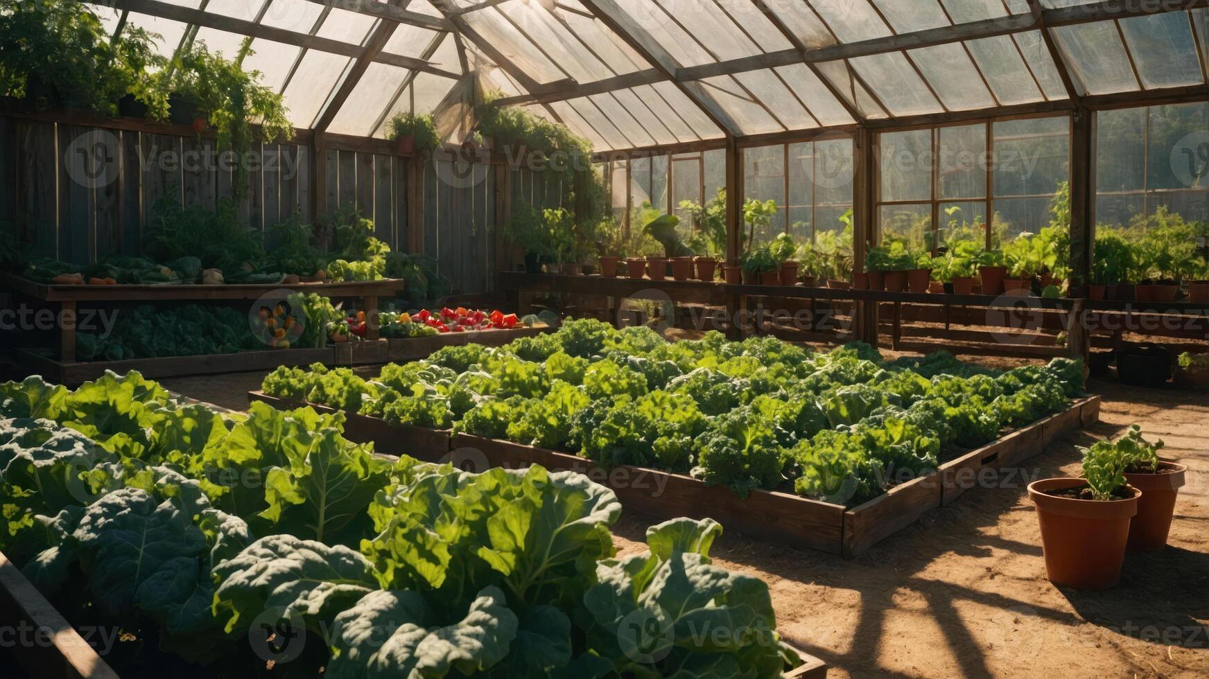 A greenhouse filled with vibrant vegetables and plants, showcasing a nurturing environment. photo