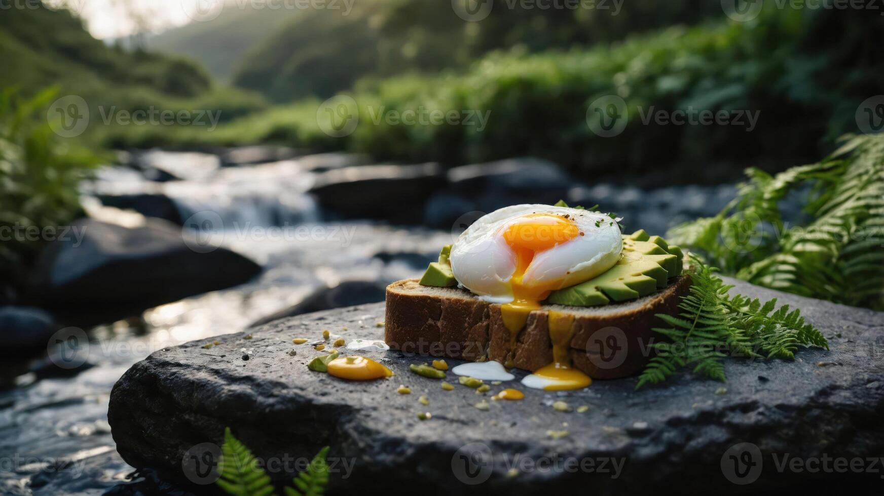 A poached egg on avocado toast, set against a serene natural backdrop. photo