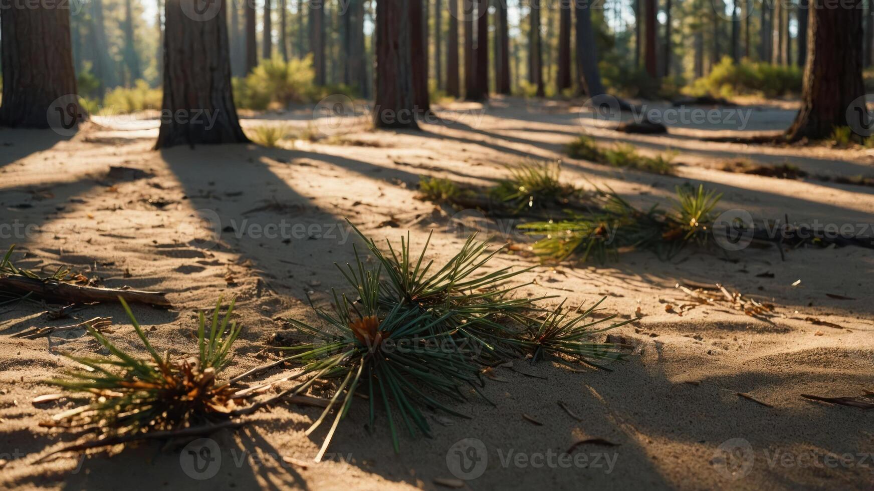 A serene forest scene with sunlight casting shadows on sandy ground and pine needles. photo