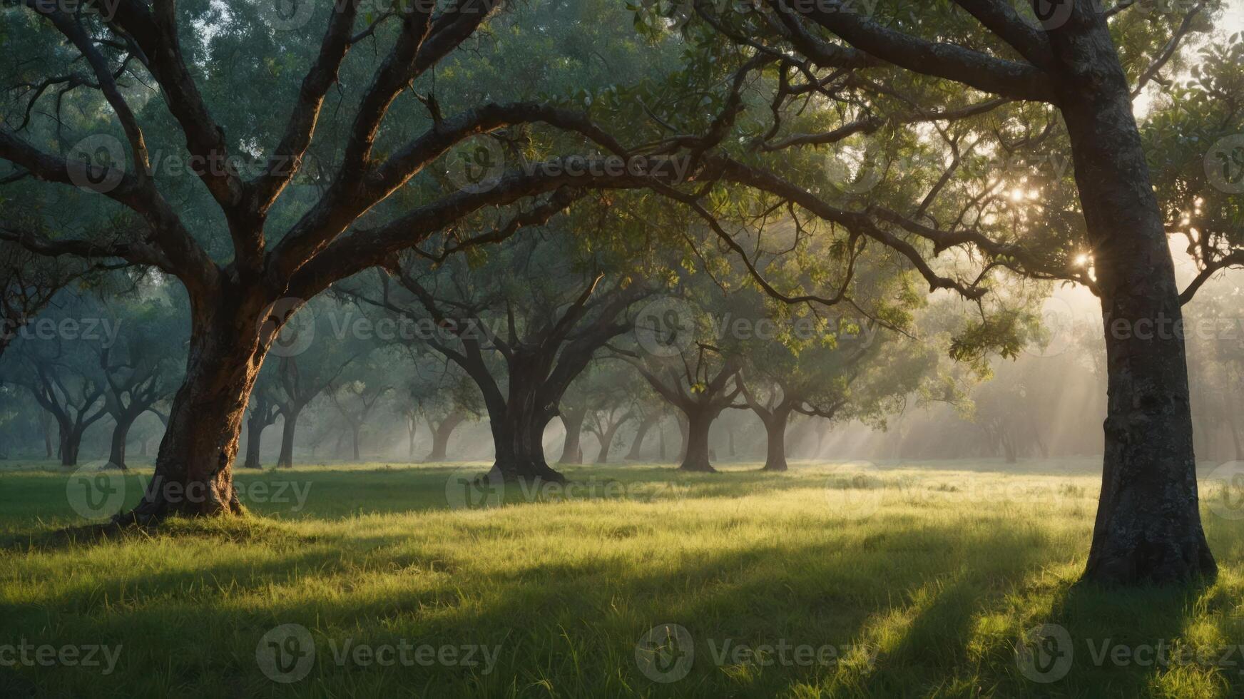 Serene morning light filters through trees in a peaceful landscape. photo