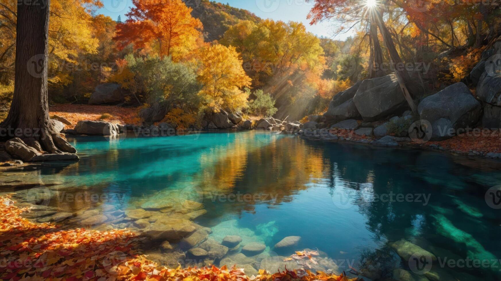 A serene autumn landscape with colorful trees reflecting in calm water. photo
