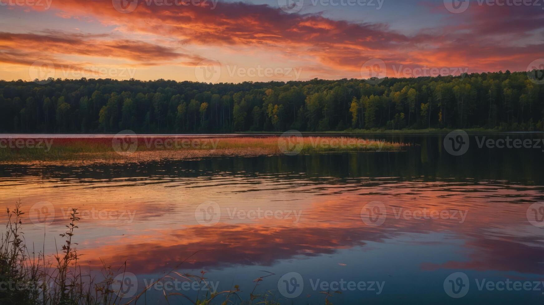 A serene lake at sunset, reflecting vibrant colors and surrounded by lush trees. photo