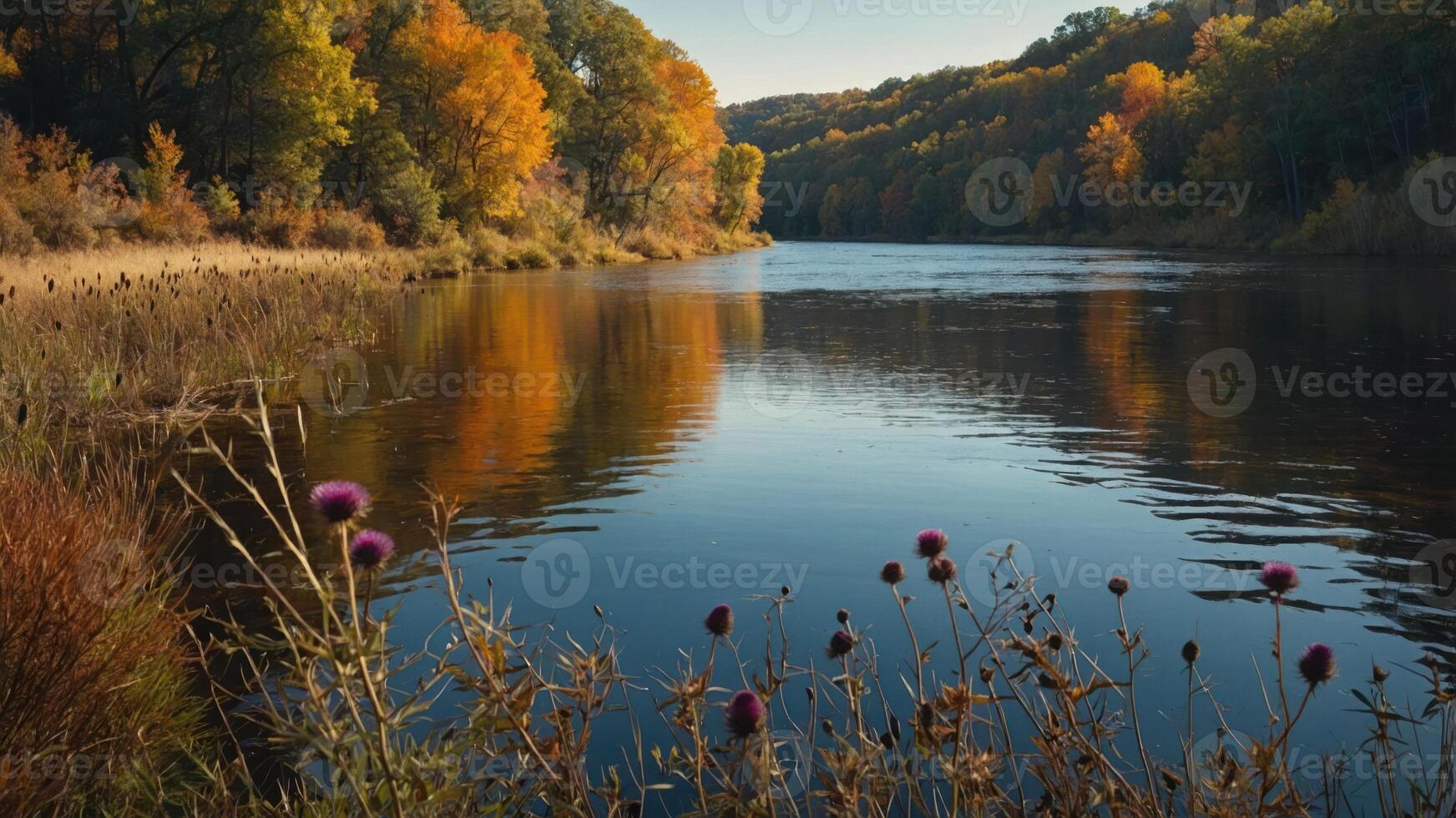 A serene river scene with autumn foliage reflecting in the water. photo