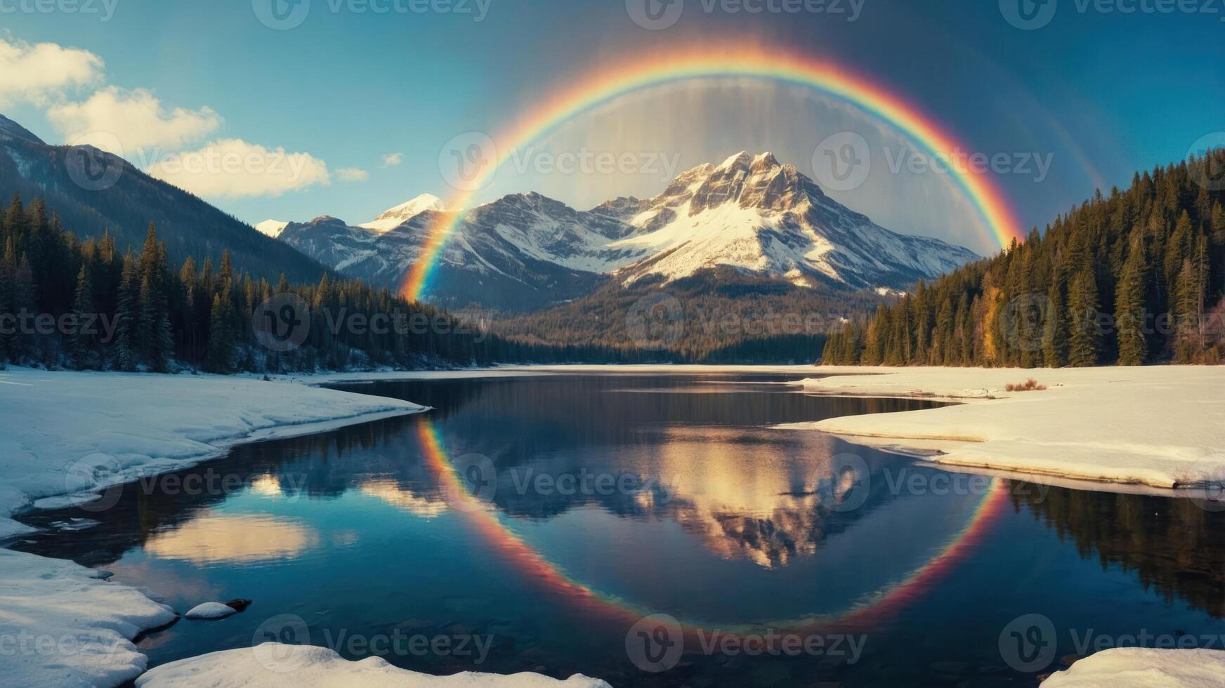A serene landscape featuring a snow-covered mountain, a rainbow, and a reflective lake. photo