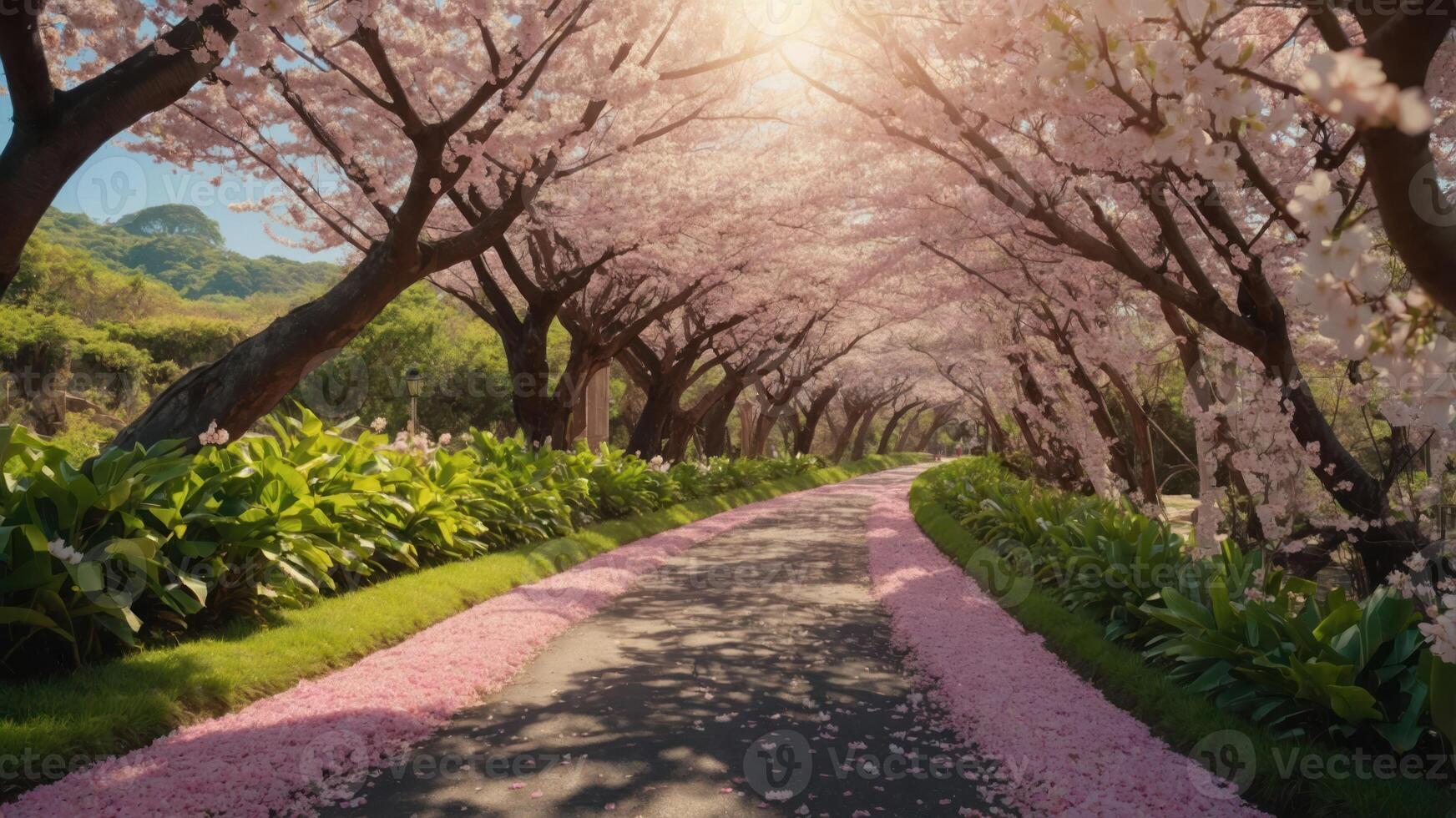 Serene pathway lined with cherry blossom trees and petals, inviting peaceful strolls. photo