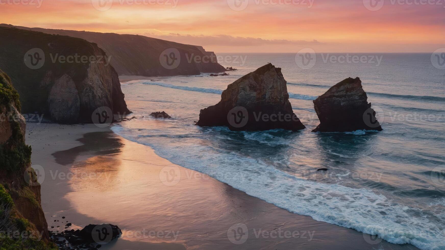 A serene coastal landscape at sunset, featuring cliffs and waves. photo