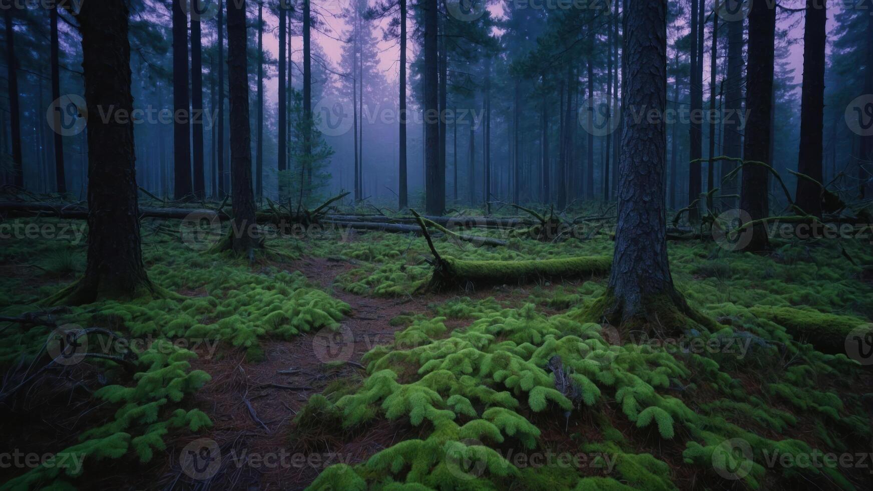 A serene forest scene with mist, tall trees, and lush green moss covering the ground. photo