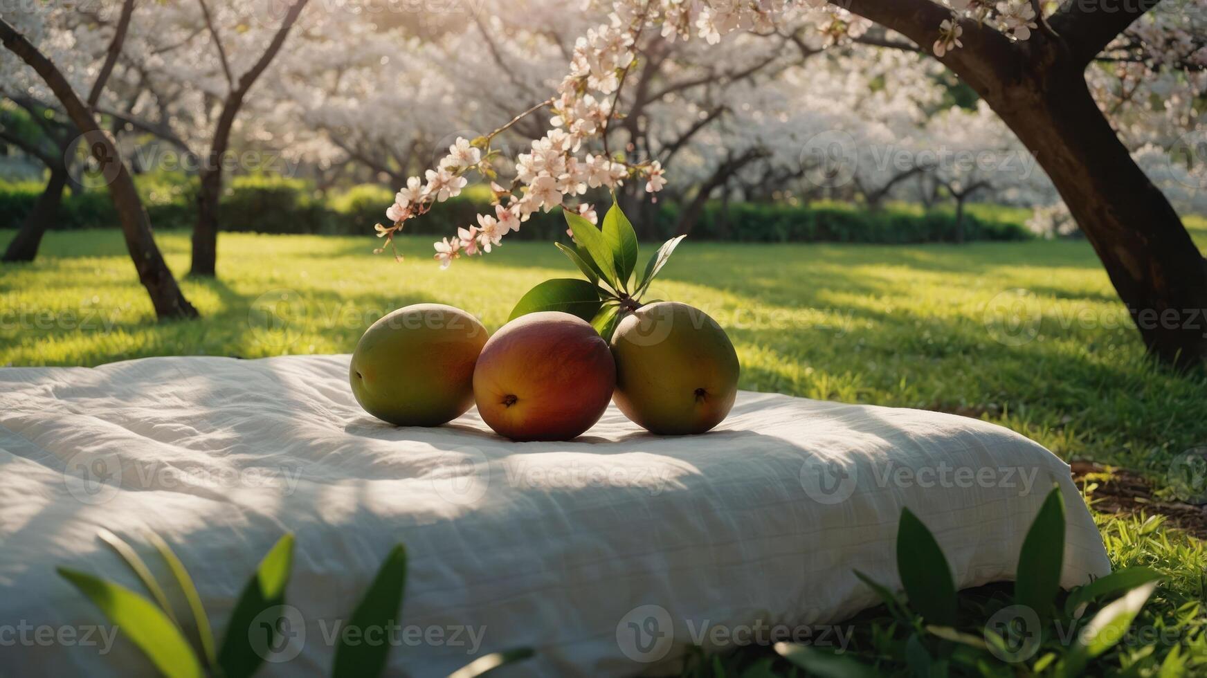 Three ripe mangoes resting on a white cloth in a serene garden setting. photo