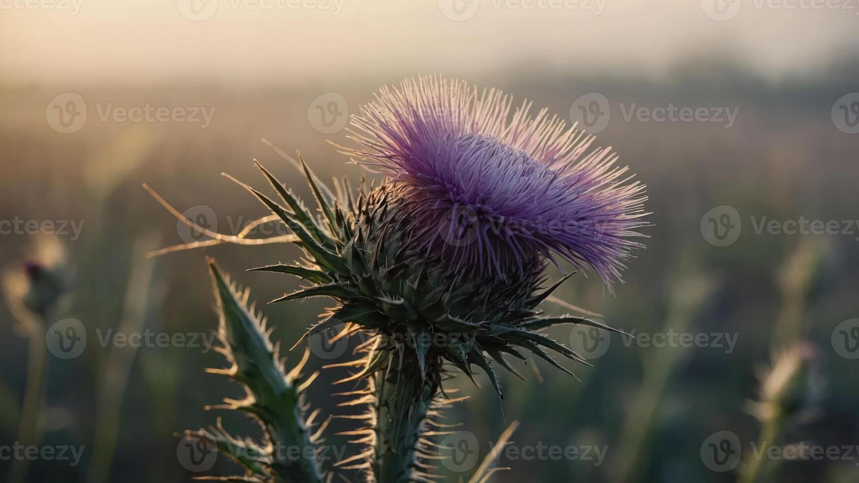 A close-up of a thistle flower with purple petals against a blurred natural background. photo