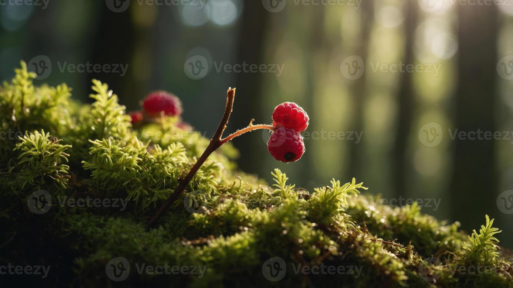 Close-up of red berries on moss in a forest setting, with soft sunlight filtering through trees. photo