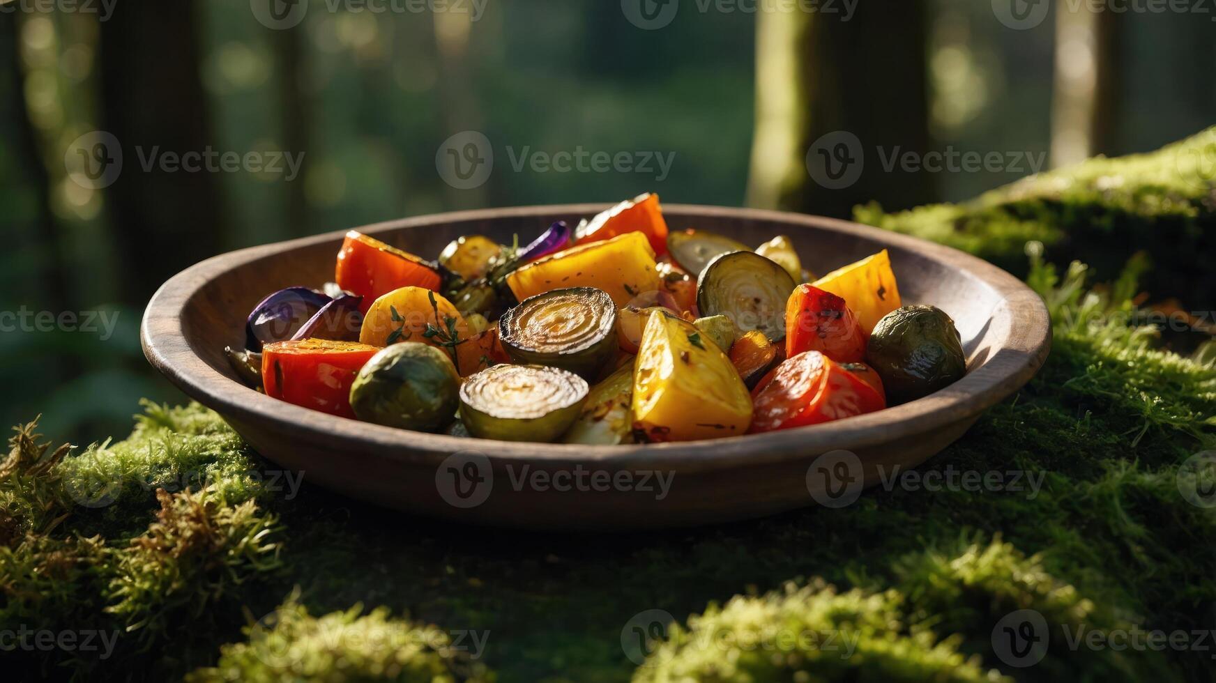A wooden plate filled with colorful roasted vegetables set in a natural forest environment. photo