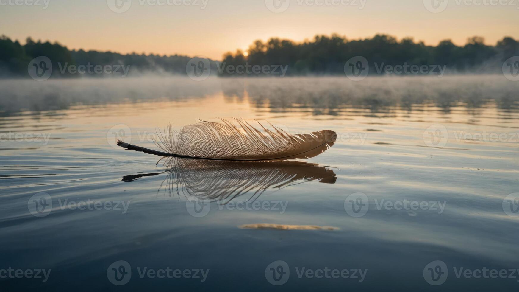 A delicate feather floats on a tranquil lake at sunrise, surrounded by misty trees. photo