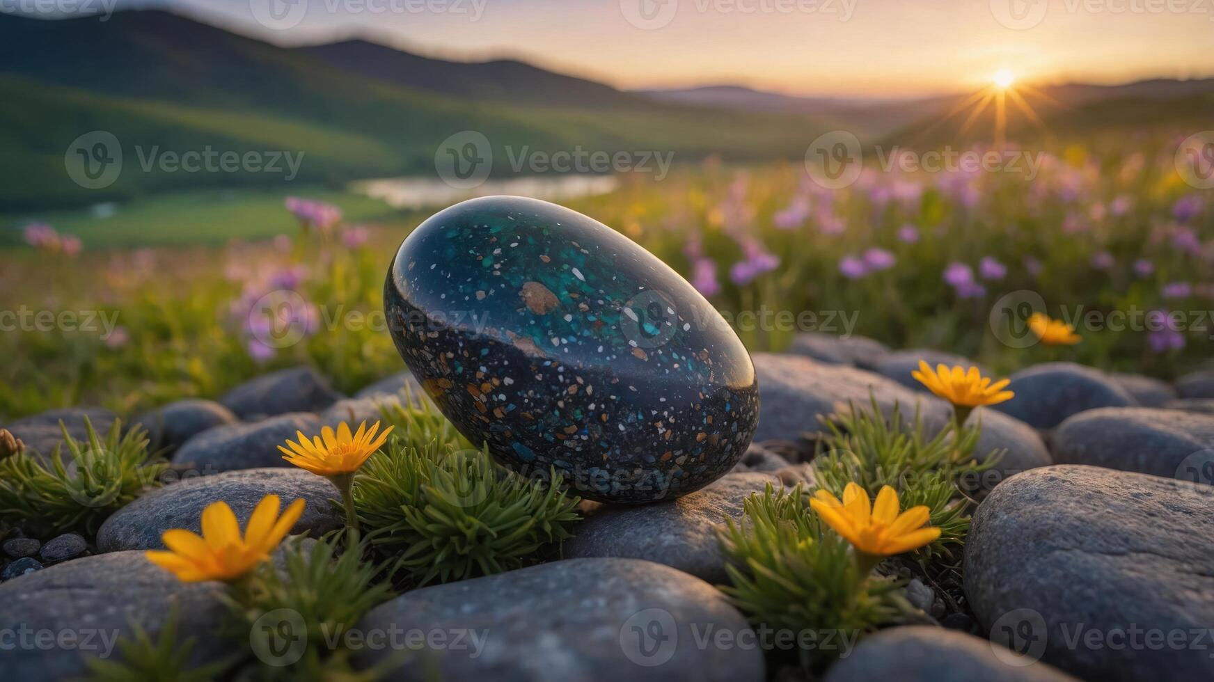 A polished stone rests on pebbles surrounded by flowers and mountains at sunset. photo