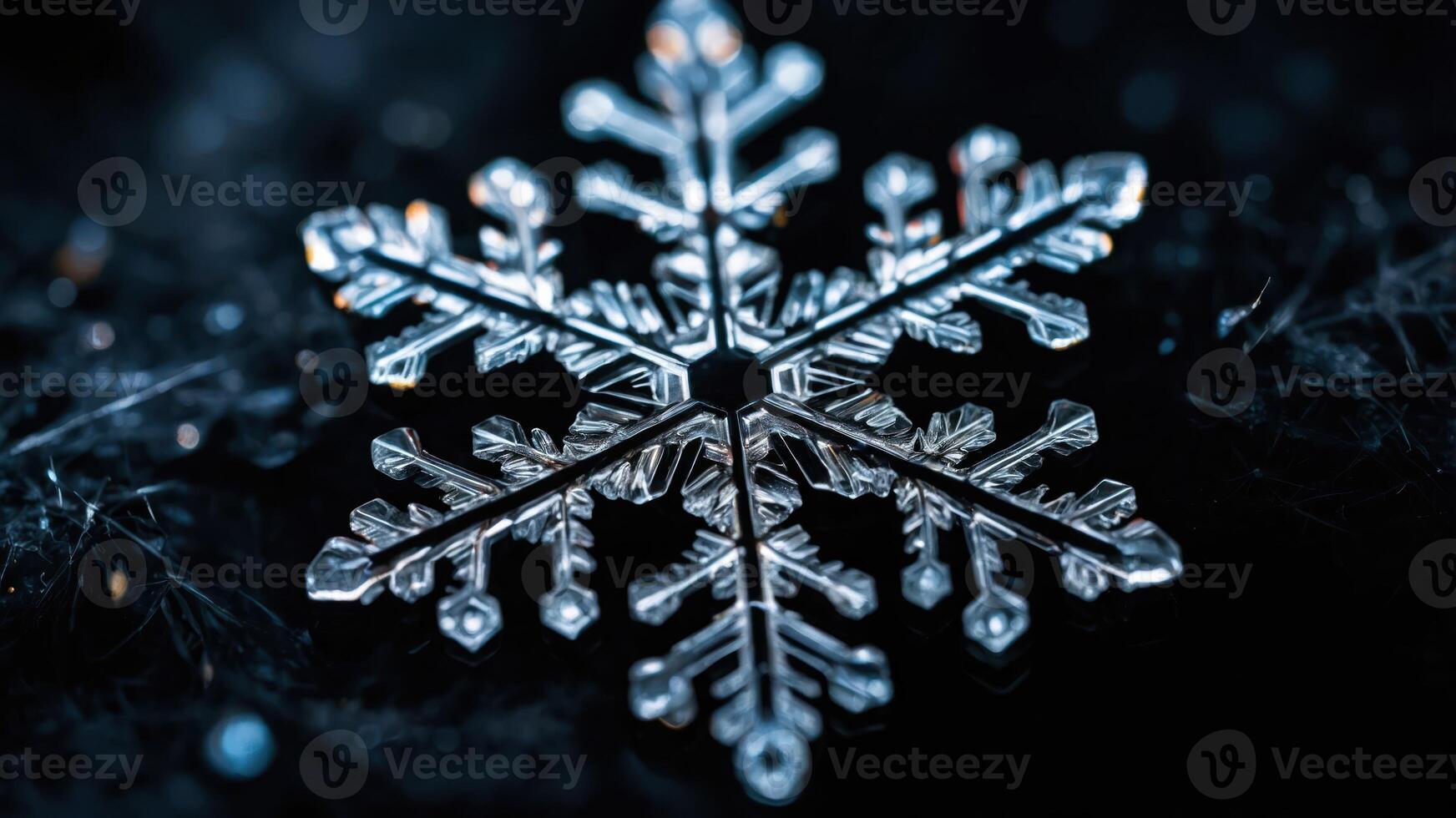 A close-up of a delicate snowflake against a dark background, showcasing its intricate patterns. photo